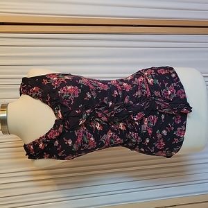 Beautiful Express Ruffle Tank Sleeveless Top Navy Floral Pattern EUC Sz S Small